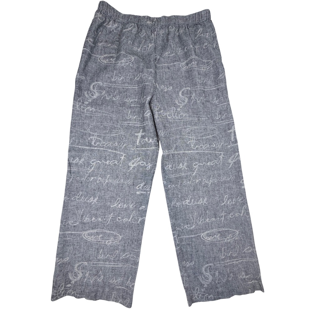 Chicos Linen Script Print Pants Grey White Wide Leg Elastic Waist Womens Size 2